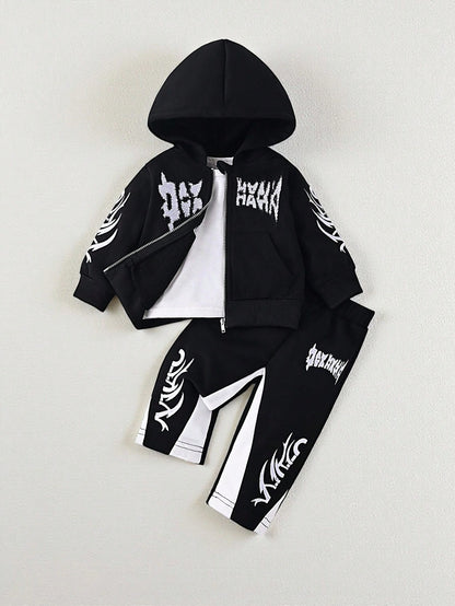 2pcs/Set Baby Boys Letter Embroidered Hooded Sweatshirt Jacket And Pants Black And White Autumn Street Life Casual Graphic Street Fashion Beach Soft