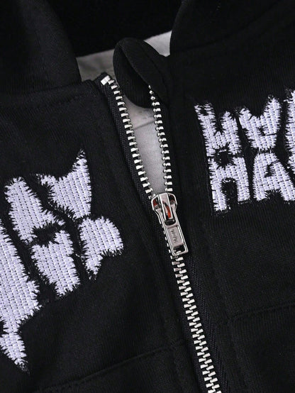 2pcs/Set Baby Boys Letter Embroidered Hooded Sweatshirt Jacket And Pants Black And White Autumn Street Life Casual Graphic Street Fashion Beach Soft