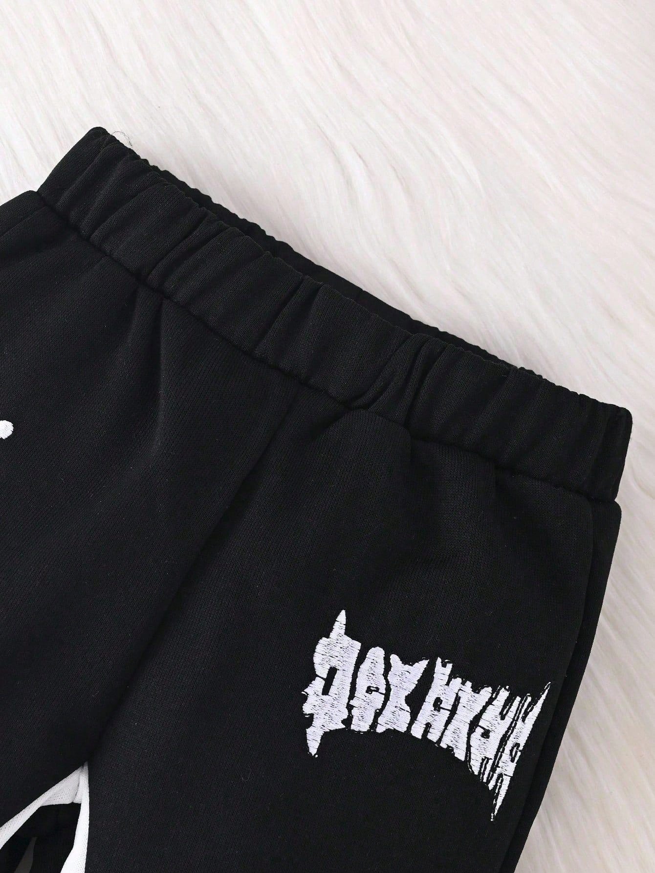 2pcs/Set Baby Boys Letter Embroidered Hooded Sweatshirt Jacket And Pants Black And White Autumn Street Life Casual Graphic Street Fashion Beach Soft