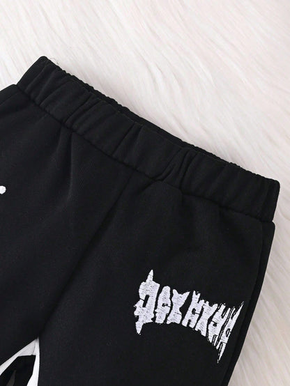 2pcs/Set Baby Boys Letter Embroidered Hooded Sweatshirt Jacket And Pants Black And White Autumn Street Life Casual Graphic Street Fashion Beach Soft