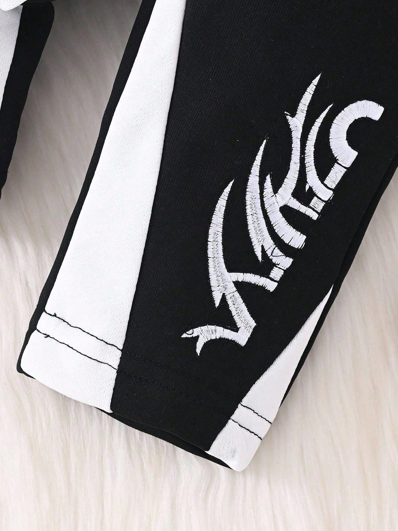 2pcs/Set Baby Boys Letter Embroidered Hooded Sweatshirt Jacket And Pants Black And White Autumn Street Life Casual Graphic Street Fashion Beach Soft
