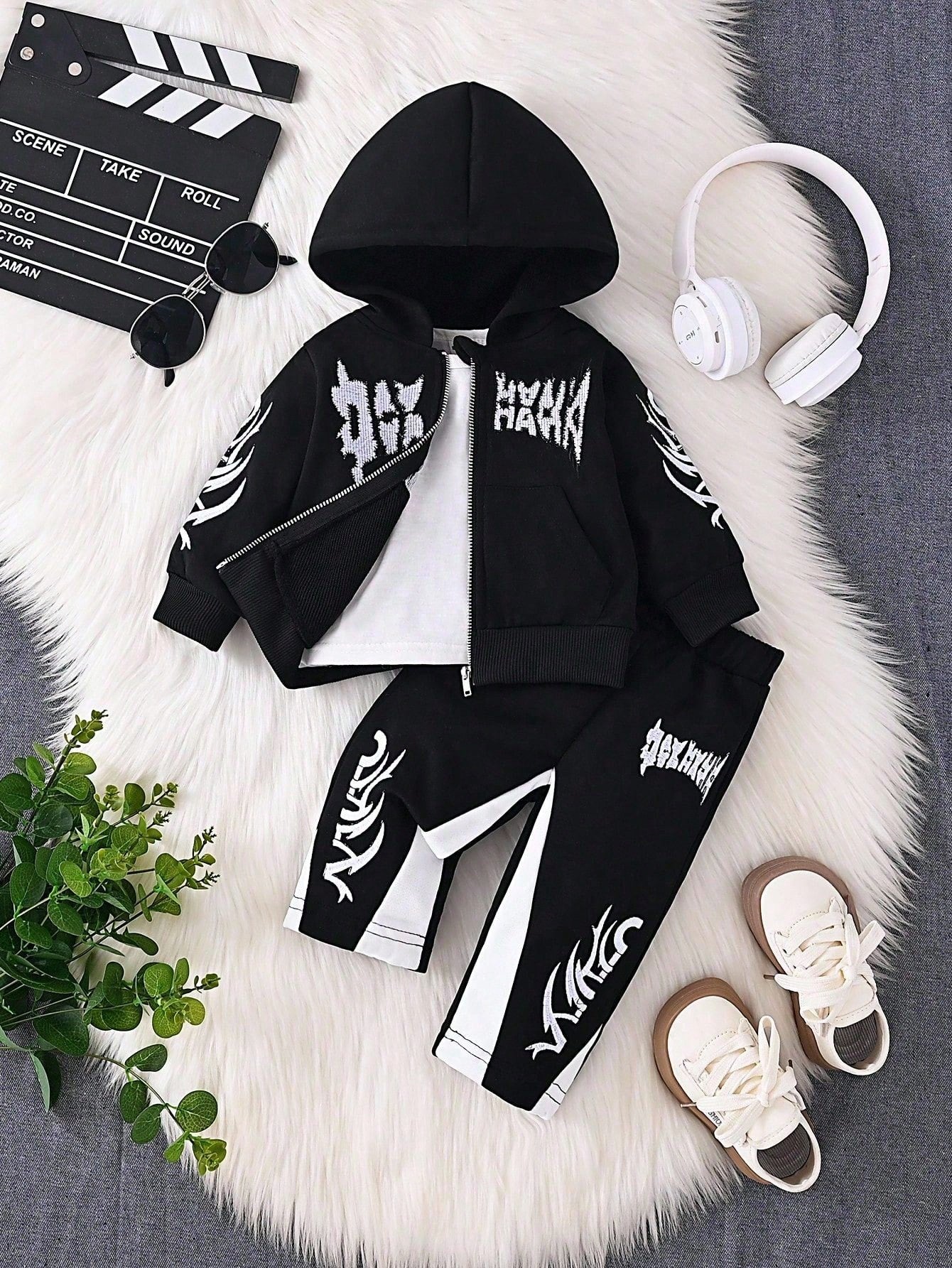 2pcs/Set Baby Boys Letter Embroidered Hooded Sweatshirt Jacket And Pants Black And White Autumn Street Life Casual Graphic Street Fashion Beach Soft