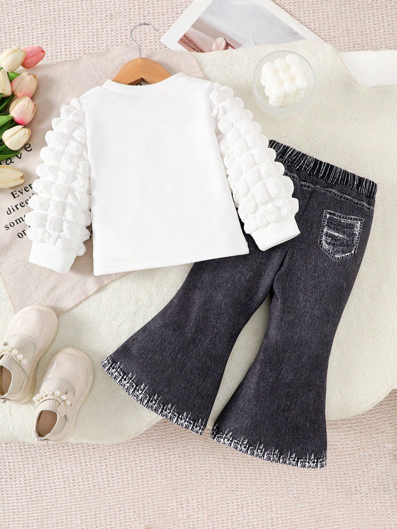 2pcs Set Baby Girl Cartoon Print Sweatshirt + White Dark Brown Denim Effect Pants, Casual Cute Outfit For Home, Leisure Travel Party Autumn