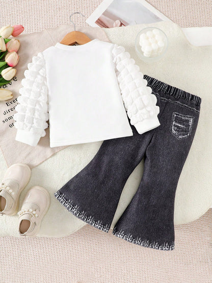 2pcs Set Baby Girl Cartoon Print Sweatshirt + White Dark Brown Denim Effect Pants, Casual Cute Outfit For Home, Leisure Travel Party Autumn