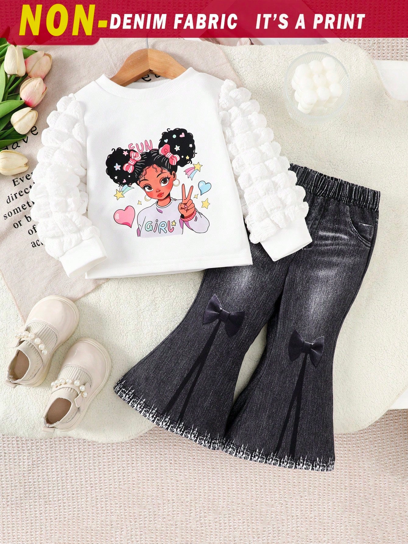 2pcs Set Baby Girl Cartoon Print Sweatshirt + White Dark Brown Denim Effect Pants, Casual Cute Outfit For Home, Leisure Travel Party Autumn