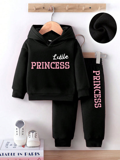 2pcs/Set Baby Girl Casual Letter Print Hoodie Sweatshirt And Pants Set, Modern Style, Thermal Lined, Autumn & Winter