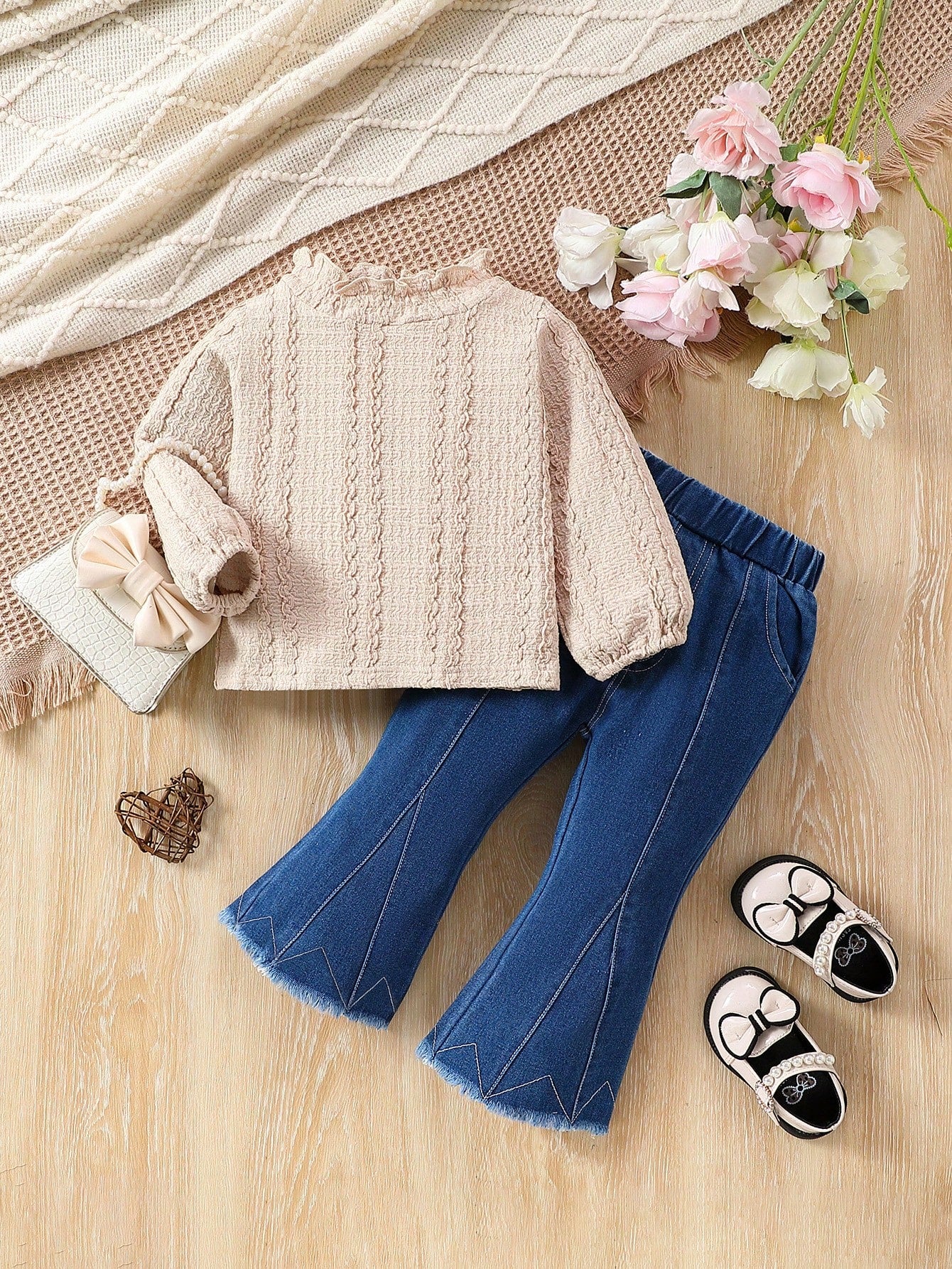 2pcs/Set Baby Girl New Autumn/Winter Elegant Solid Color Jacquard Stand Collar Top With Fringe Hem Flared Jeans
