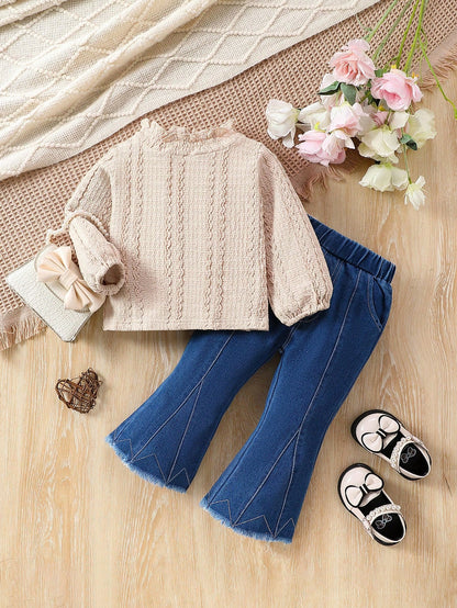 2pcs/Set Baby Girl New Autumn/Winter Elegant Solid Color Jacquard Stand Collar Top With Fringe Hem Flared Jeans