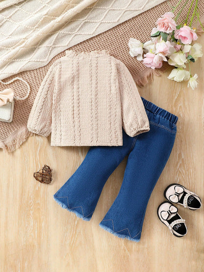 2pcs/Set Baby Girl New Autumn/Winter Elegant Solid Color Jacquard Stand Collar Top With Fringe Hem Flared Jeans