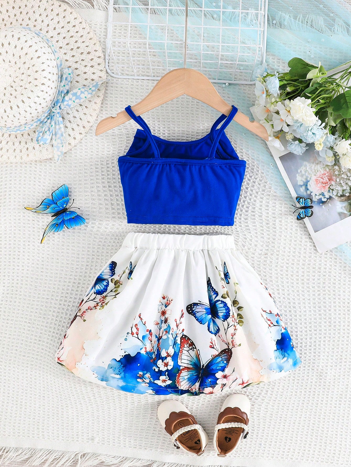 2pcs/Set Baby Girls Bowknot Camisole Top And Cute Flower Print Skirt Set, Summer