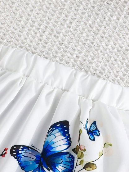 2pcs/Set Baby Girls Bowknot Camisole Top And Cute Flower Print Skirt Set, Summer