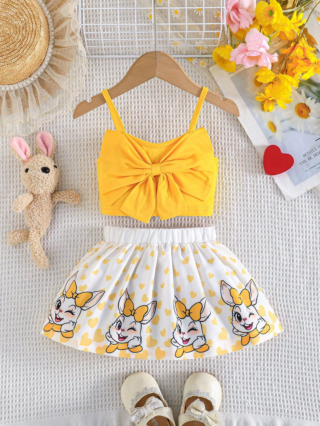2pcs/Set Baby Girls Bowknot Camisole Top And Cute Flower Print Skirt Set, Summer