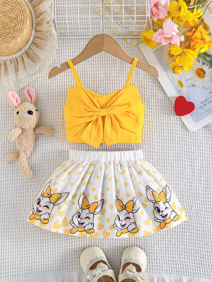 2pcs/Set Baby Girls Bowknot Camisole Top And Cute Flower Print Skirt Set, Summer