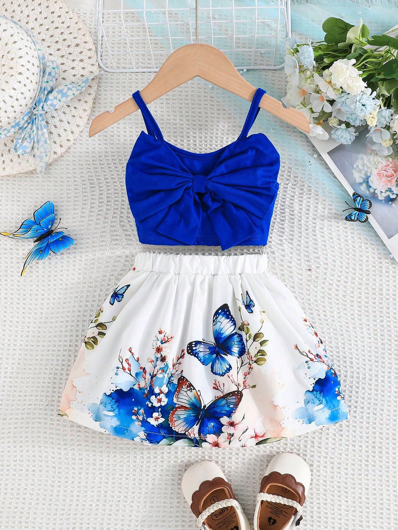 2pcs/Set Baby Girls Bowknot Camisole Top And Cute Flower Print Skirt Set, Summer