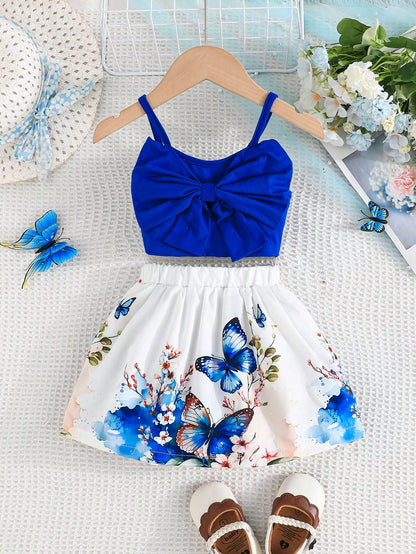 2pcs/Set Baby Girls Bowknot Camisole Top And Cute Flower Print Skirt Set, Summer