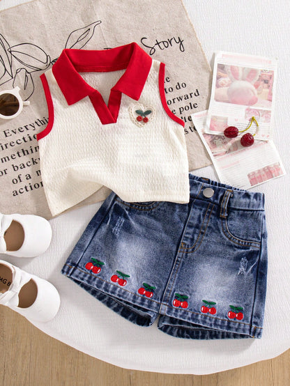 2pcs/Set Baby Girls Summer Cute Vacation Outfit Knitted Polo Collar Splice Color Block Cherry Embroidery Crop Top And Denim Skort Blue And White