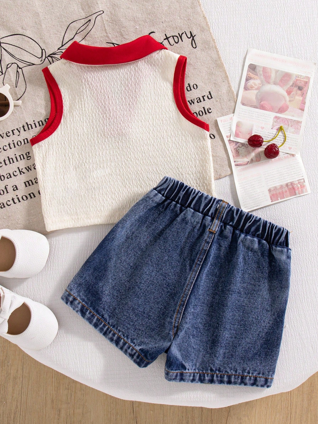 2pcs/Set Baby Girls Summer Cute Vacation Outfit Knitted Polo Collar Splice Color Block Cherry Embroidery Crop Top And Denim Skort Blue And White