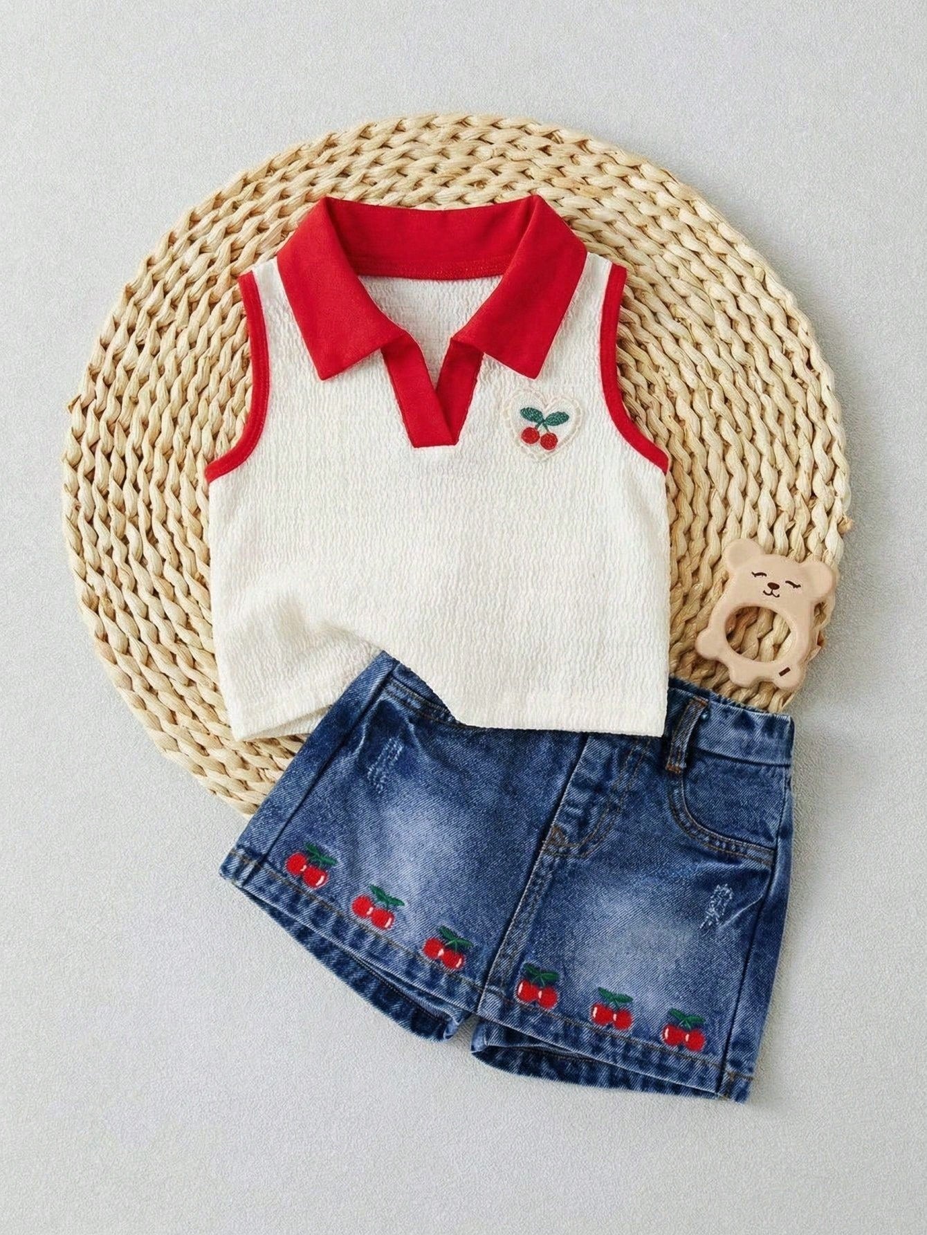 2pcs/Set Baby Girls Summer Cute Vacation Outfit Knitted Polo Collar Splice Color Block Cherry Embroidery Crop Top And Denim Skort Blue And White