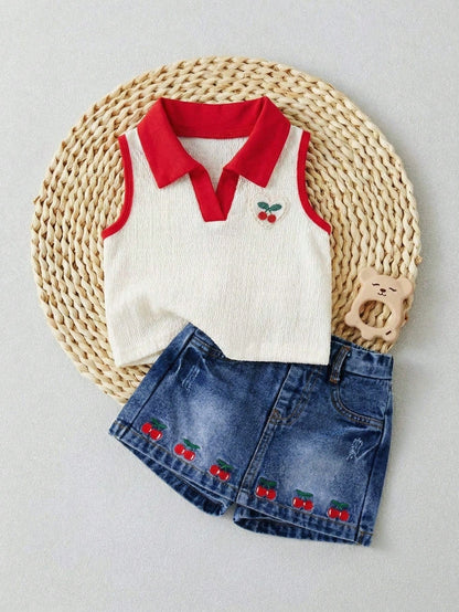2pcs/Set Baby Girls Summer Cute Vacation Outfit Knitted Polo Collar Splice Color Block Cherry Embroidery Crop Top And Denim Skort Blue And White