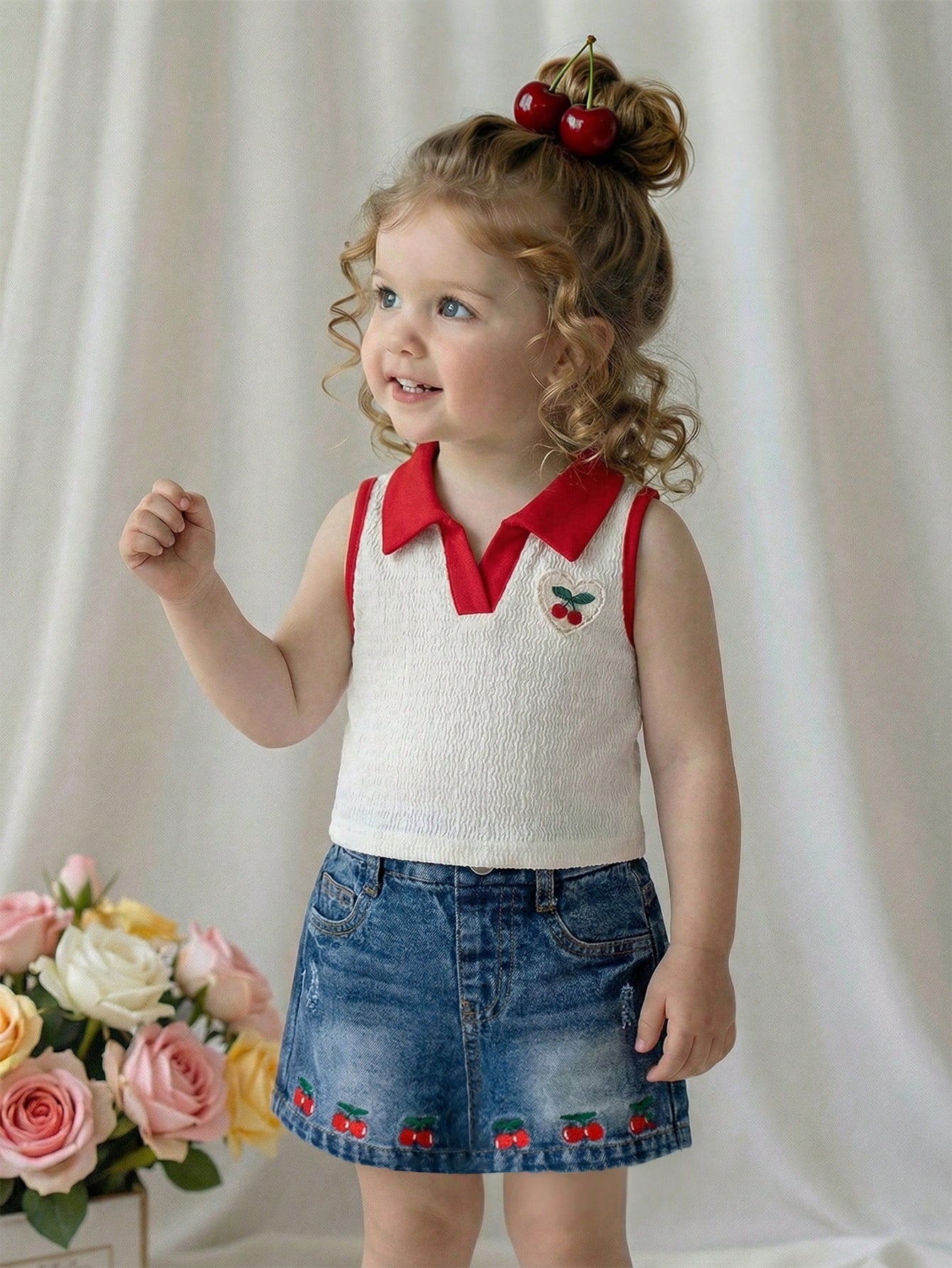 2pcs/Set Baby Girls Summer Cute Vacation Outfit Knitted Polo Collar Splice Color Block Cherry Embroidery Crop Top And Denim Skort Blue And White