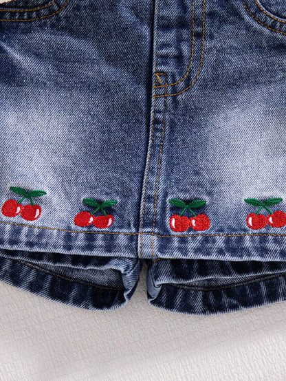 2pcs/Set Baby Girls Summer Cute Vacation Outfit Knitted Polo Collar Splice Color Block Cherry Embroidery Crop Top And Denim Skort Blue And White