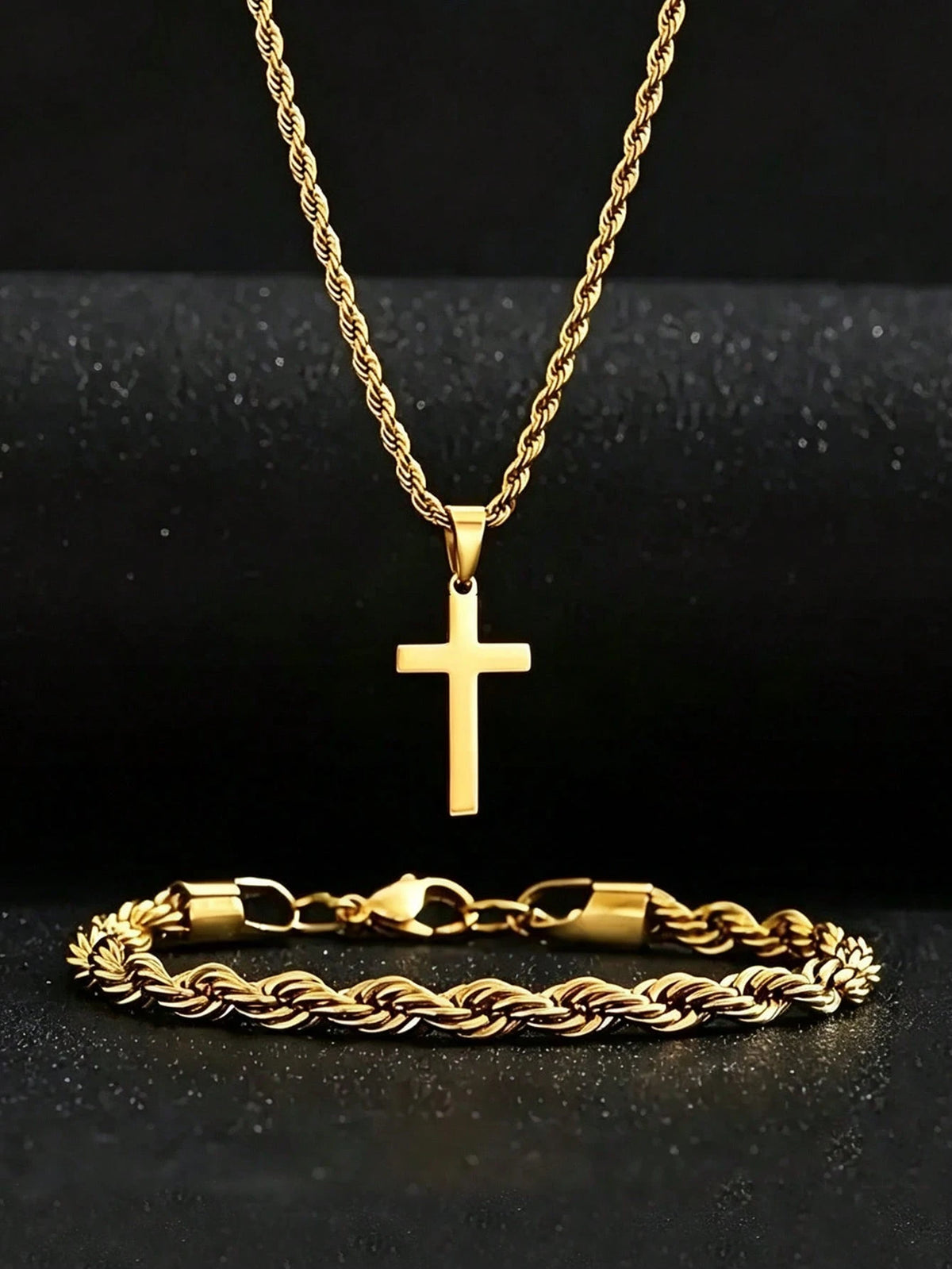 2pcs/Set Gold Stainless Steel 18K Gold Plated Twisted Rope Bracelet And Cross Necklace Set, Suitable For Men, Minimalist Style, Applicable For Sports And Fashion Accessories