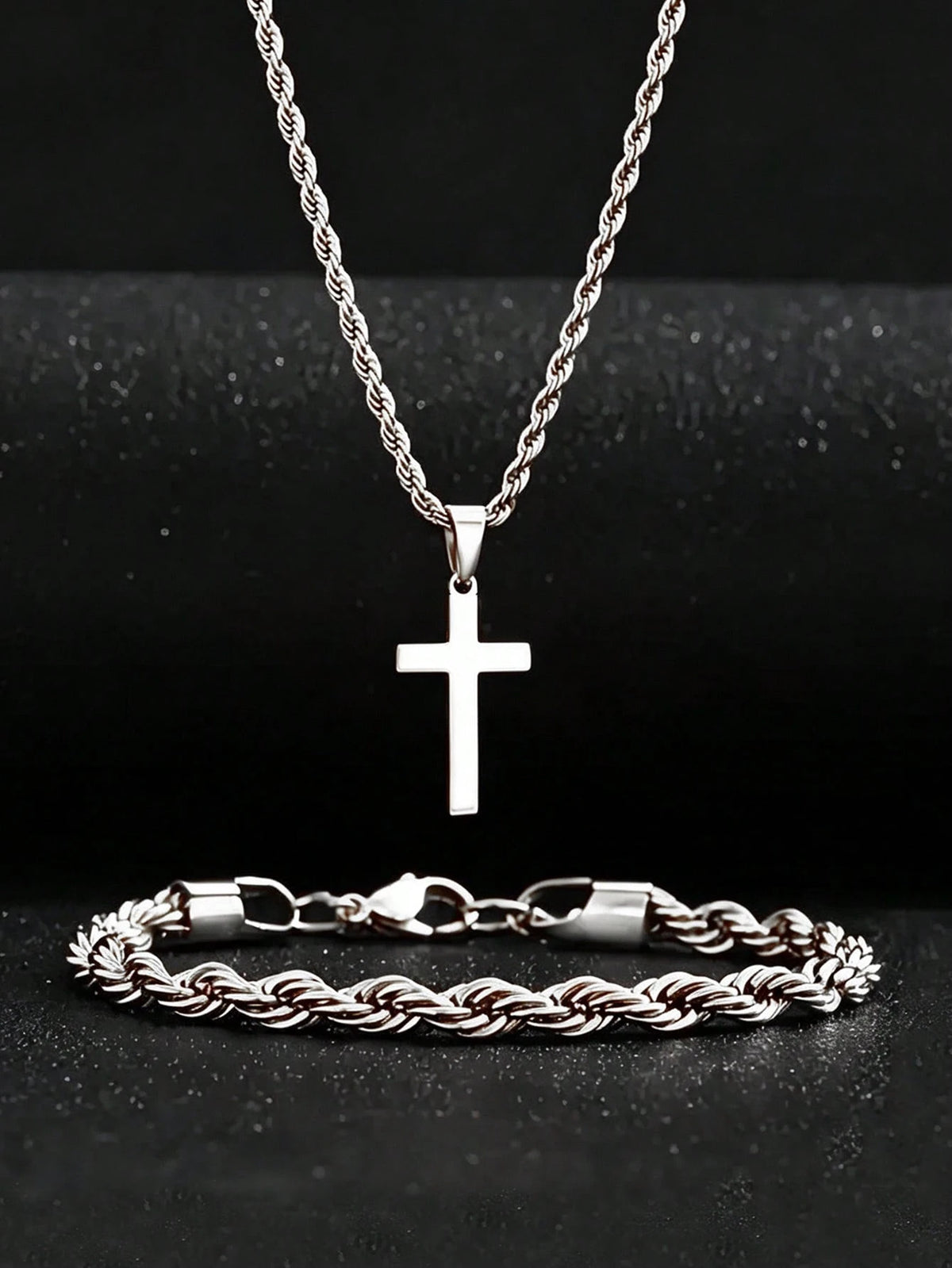 2pcs/Set Gold Stainless Steel 18K Gold Plated Twisted Rope Bracelet And Cross Necklace Set, Suitable For Men, Minimalist Style, Applicable For Sports And Fashion Accessories