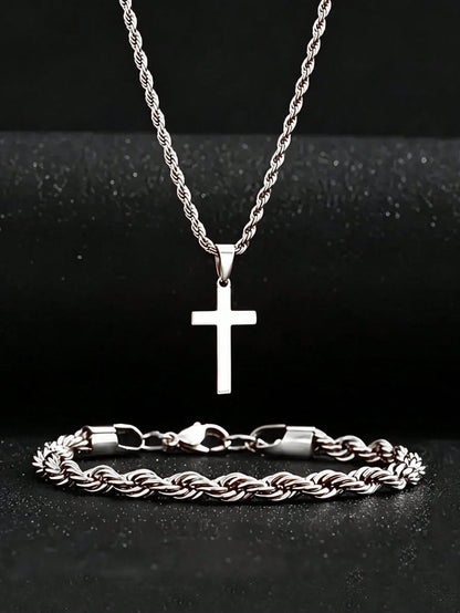 2pcs/Set Gold Stainless Steel 18K Gold Plated Twisted Rope Bracelet And Cross Necklace Set, Suitable For Men, Minimalist Style, Applicable For Sports And Fashion Accessories