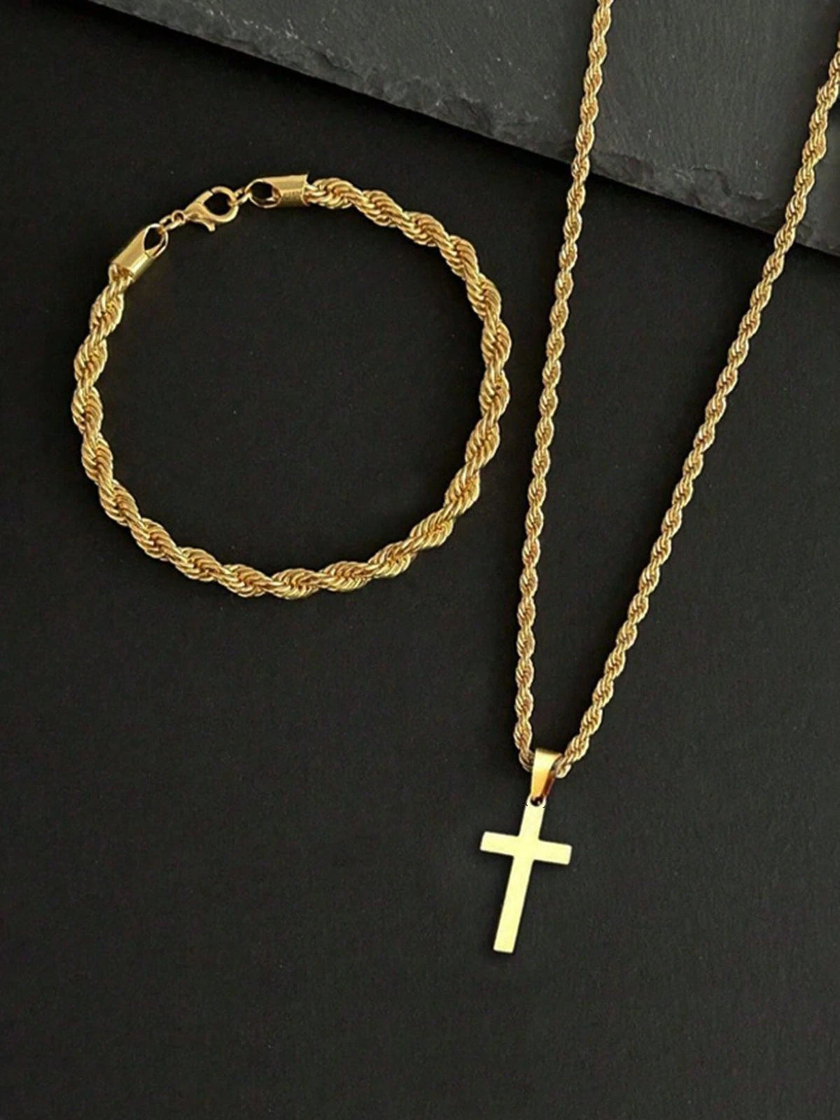 2pcs/Set Gold Stainless Steel 18K Gold Plated Twisted Rope Bracelet And Cross Necklace Set, Suitable For Men, Minimalist Style, Applicable For Sports And Fashion Accessories