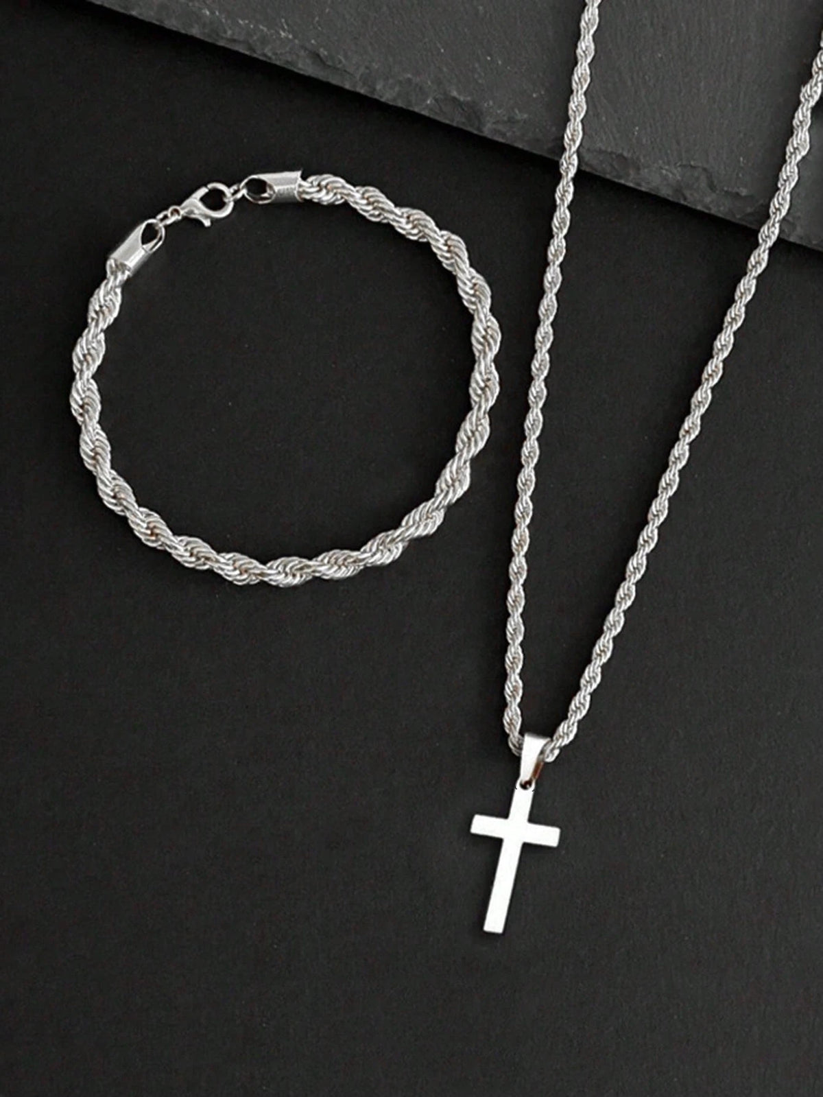 2pcs/Set Gold Stainless Steel 18K Gold Plated Twisted Rope Bracelet And Cross Necklace Set, Suitable For Men, Minimalist Style, Applicable For Sports And Fashion Accessories