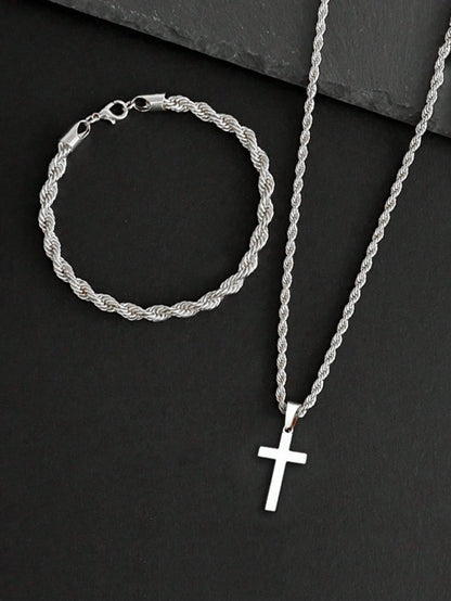 2pcs/Set Gold Stainless Steel 18K Gold Plated Twisted Rope Bracelet And Cross Necklace Set, Suitable For Men, Minimalist Style, Applicable For Sports And Fashion Accessories
