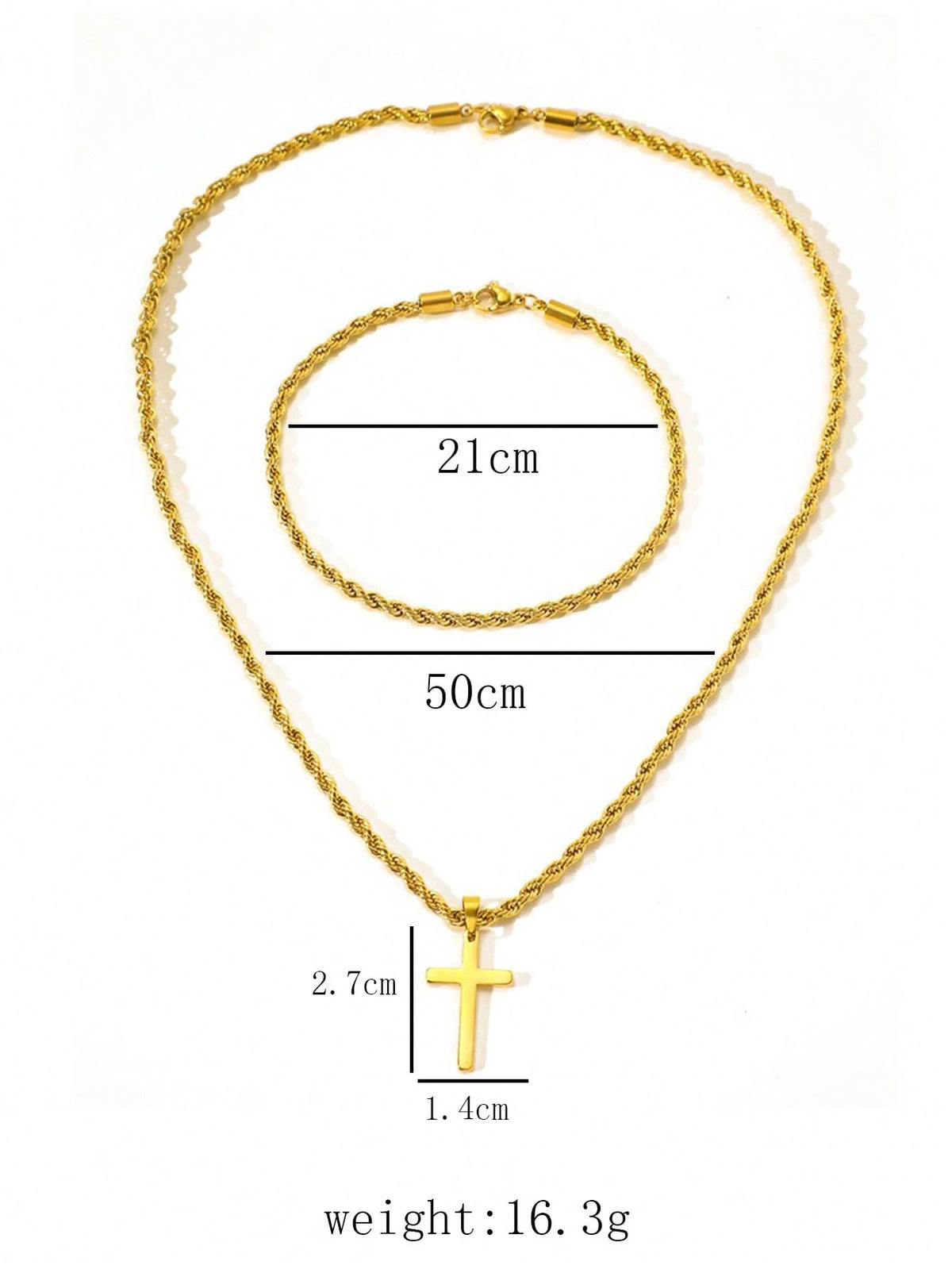 2pcs/Set Gold Stainless Steel 18K Gold Plated Twisted Rope Bracelet And Cross Necklace Set, Suitable For Men, Minimalist Style, Applicable For Sports And Fashion Accessories
