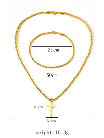2pcs/Set Gold Stainless Steel 18K Gold Plated Twisted Rope Bracelet And Cross Necklace Set, Suitable For Men, Minimalist Style, Applicable For Sports And Fashion Accessories
