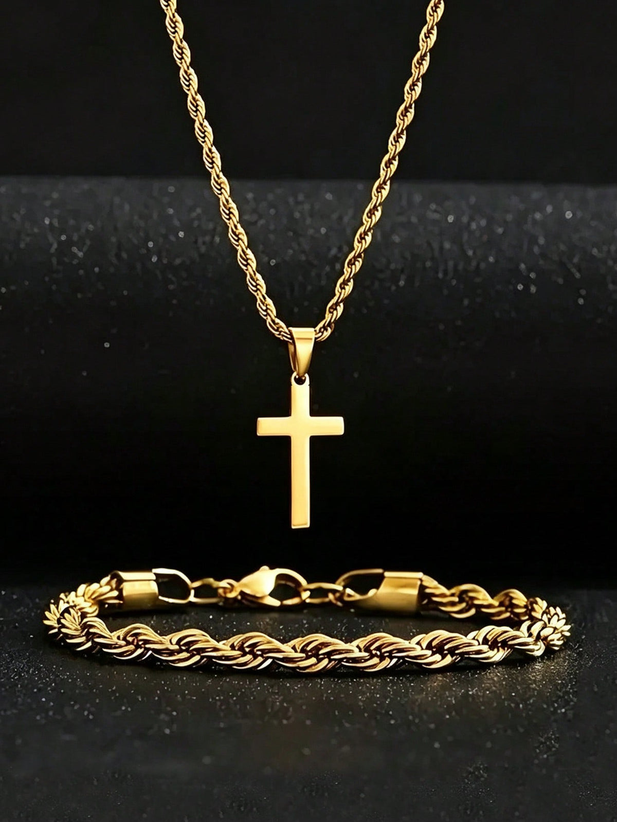 2pcs/Set Gold Stainless Steel 18K Gold Plated Twisted Rope Bracelet And Cross Necklace Set, Suitable For Men, Minimalist Style, Applicable For Sports And Fashion Accessories