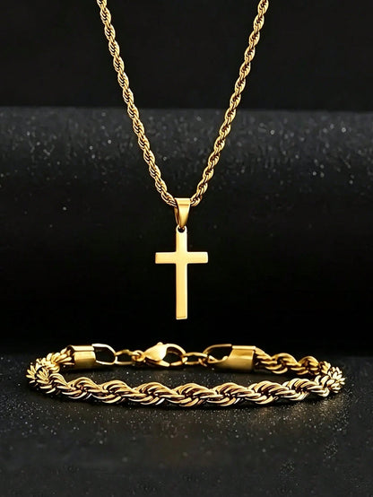 2pcs/Set Gold Stainless Steel 18K Gold Plated Twisted Rope Bracelet And Cross Necklace Set, Suitable For Men, Minimalist Style, Applicable For Sports And Fashion Accessories