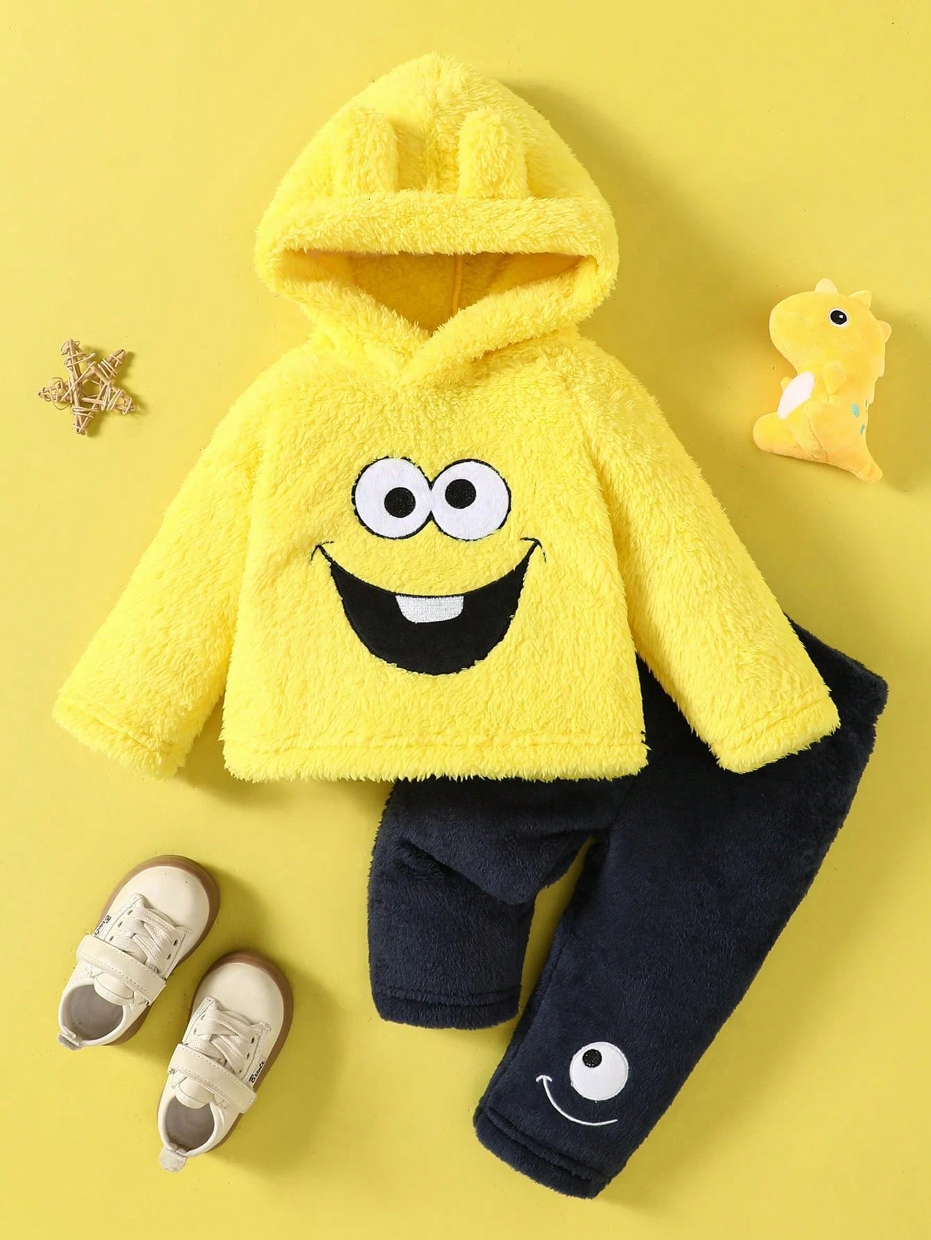 2pcs/Set Infant Baby Boys Cute Monster Embroidery Hooded Sweatshirt With 3D Ear Design And Embroidered Pants, Warm Winter Outfit For Halloween, Photos And Outdoor Play