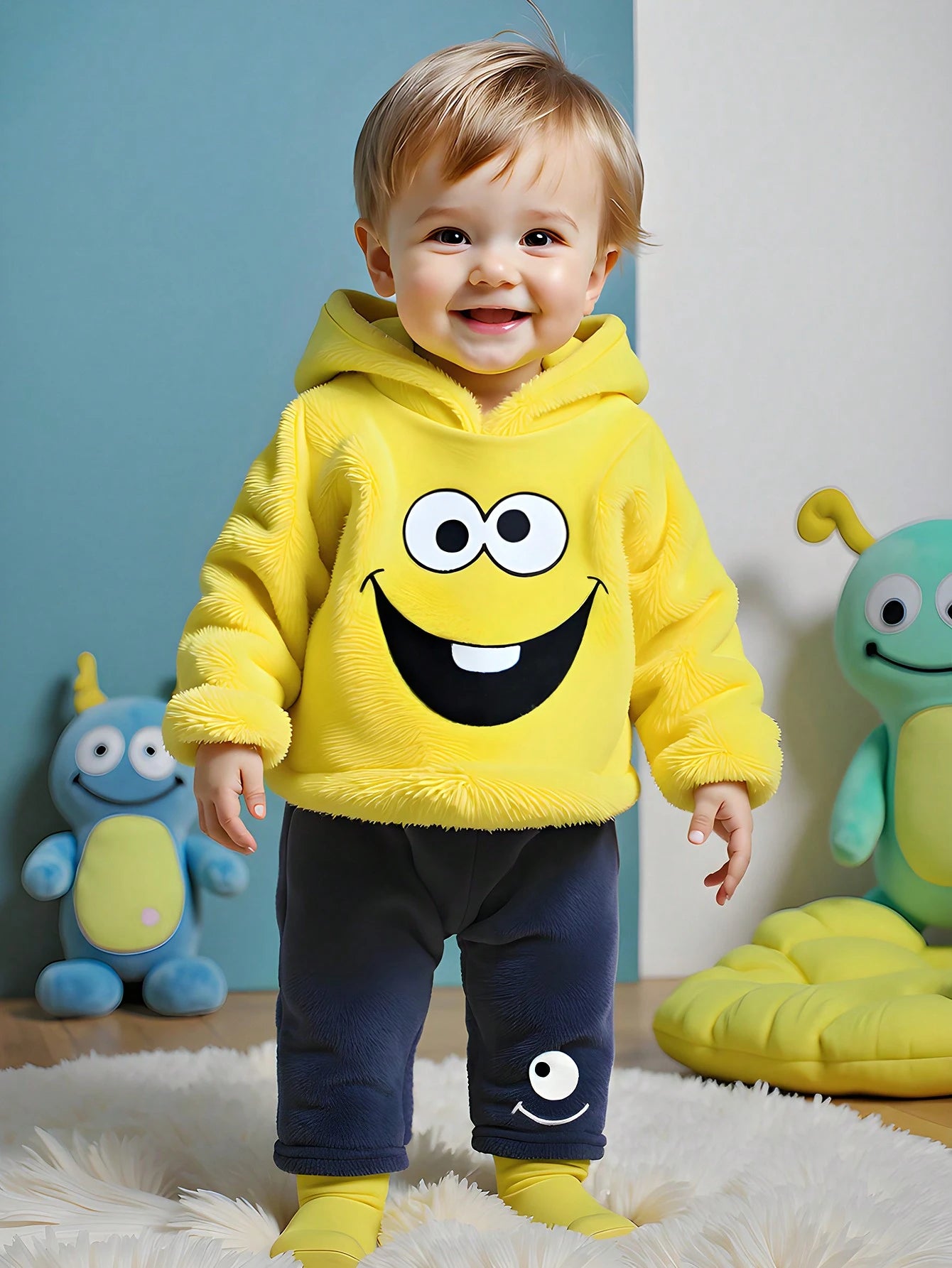 2pcs/Set Infant Baby Boys Cute Monster Embroidery Hooded Sweatshirt With 3D Ear Design And Embroidered Pants, Warm Winter Outfit For Halloween, Photos And Outdoor Play