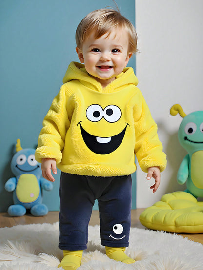 2pcs/Set Infant Baby Boys Cute Monster Embroidery Hooded Sweatshirt With 3D Ear Design And Embroidered Pants, Warm Winter Outfit For Halloween, Photos And Outdoor Play