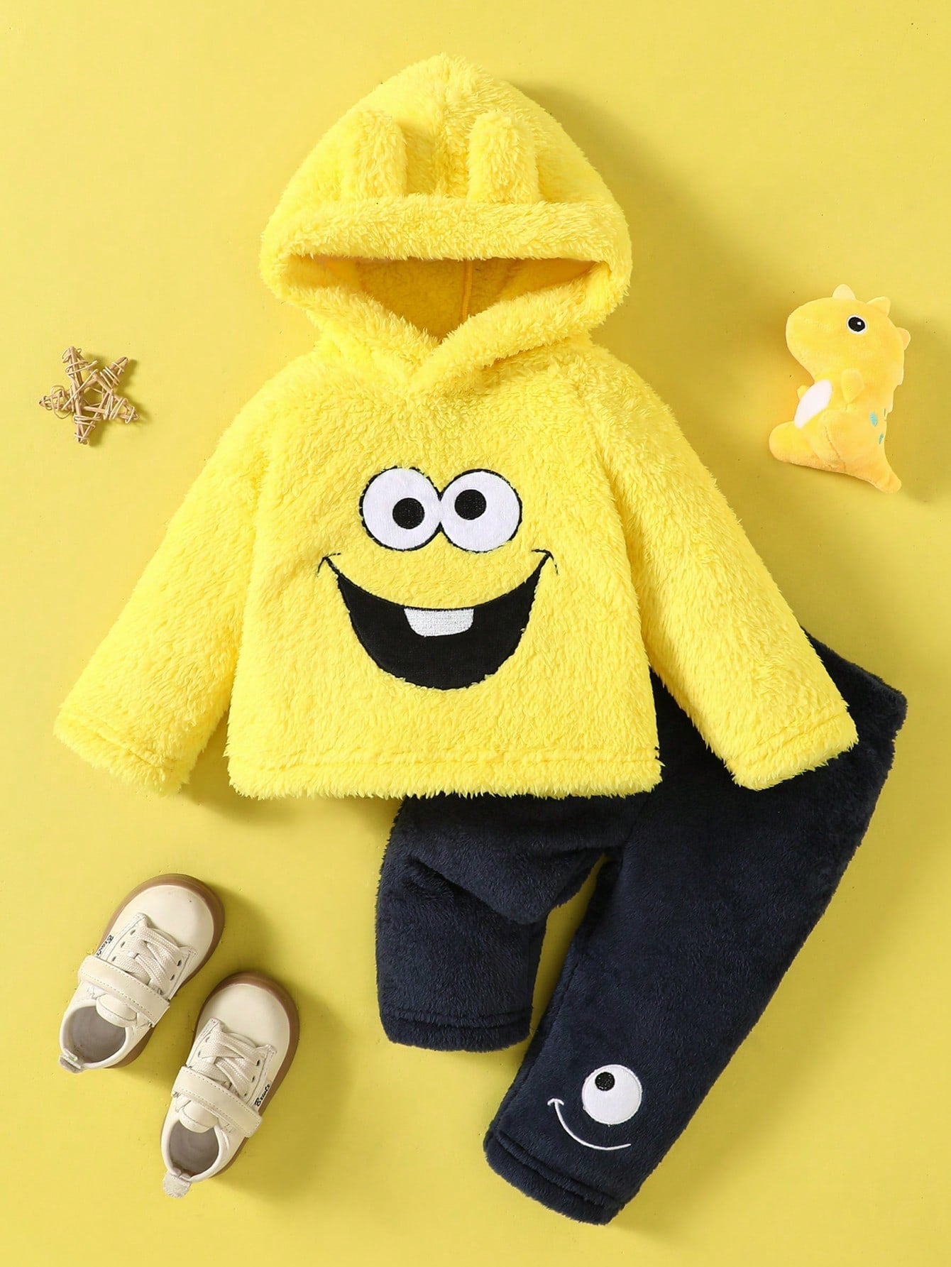 2pcs/Set Infant Baby Boys Cute Monster Embroidery Hooded Sweatshirt With 3D Ear Design And Embroidered Pants, Warm Winter Outfit For Halloween, Photos And Outdoor Play