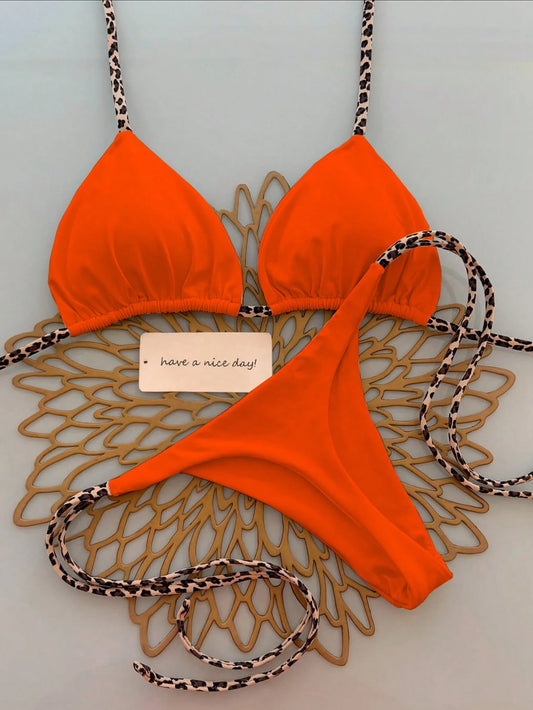 2pcs/Set Minimalist Sexy Halter Strap Leopard Print Bikini, Women Vacation Beach Summer