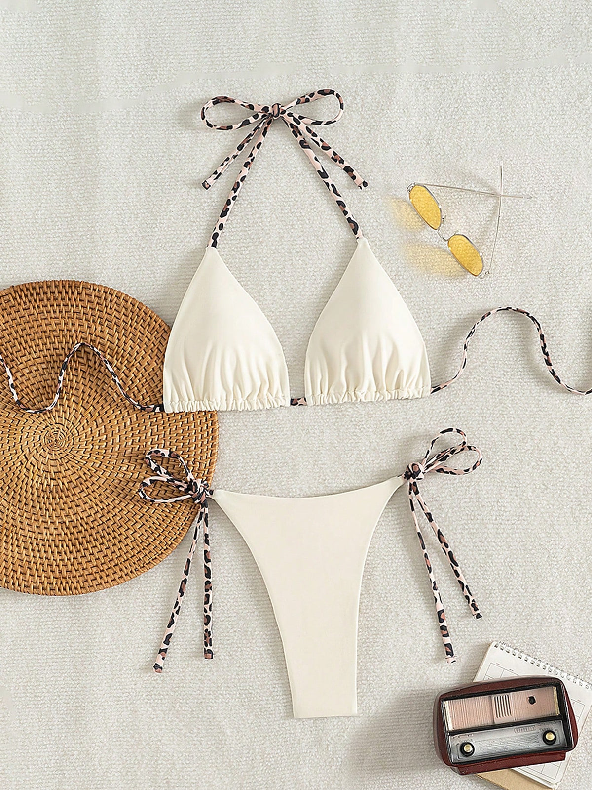2pcs/Set Minimalist Sexy Halter Strap Leopard Print Bikini, Women Vacation Beach Summer