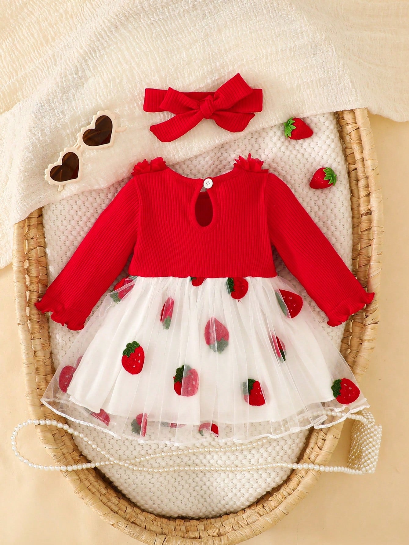 2pcs/Set Newborn Baby Girl Cute Casual Fashion 3D Floral Strawberry Pattern Long Sleeve Princess Mesh Dress And Headband Set, Suitable For Spring Summer Autumn Winter, Indoor, Outdoor, Vacation