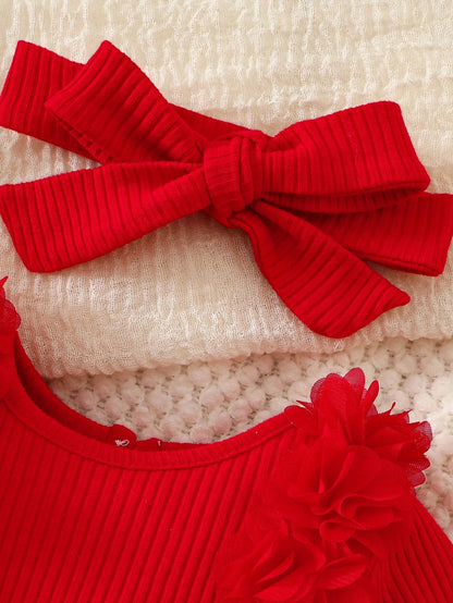 2pcs/Set Newborn Baby Girl Cute Casual Fashion 3D Floral Strawberry Pattern Long Sleeve Princess Mesh Dress And Headband Set, Suitable For Spring Summer Autumn Winter, Indoor, Outdoor, Vacation