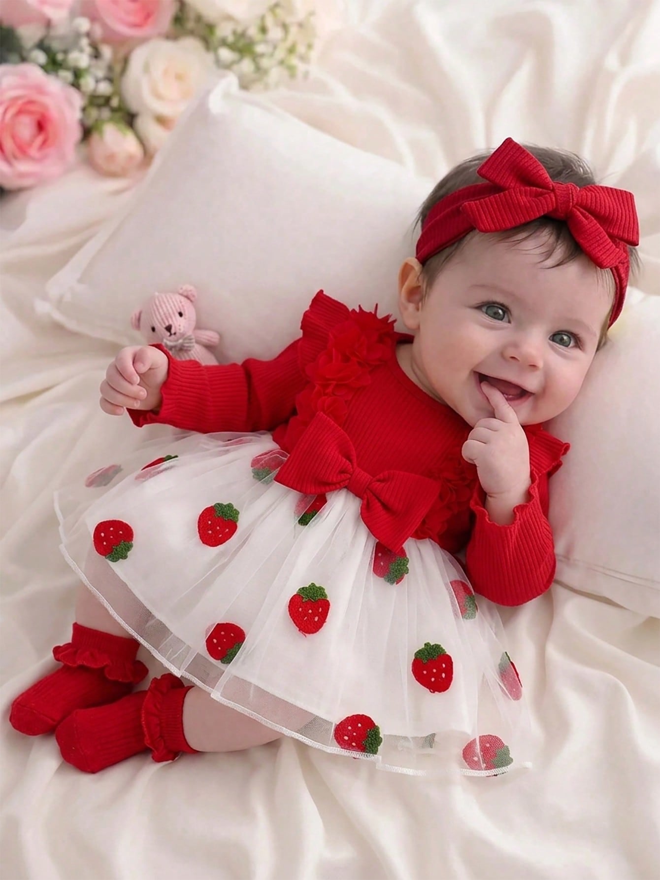 2pcs/Set Newborn Baby Girl Cute Casual Fashion 3D Floral Strawberry Pattern Long Sleeve Princess Mesh Dress And Headband Set, Suitable For Spring Summer Autumn Winter, Indoor, Outdoor, Vacation