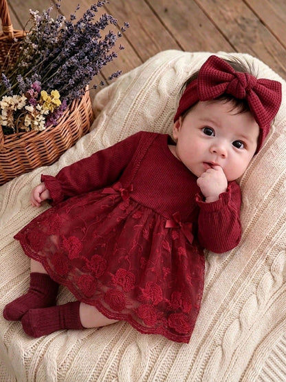 2pcs/Set Newborn Spring/Autumn Burgundy Sweet Princess Style Bow Lace Mesh Patchwork Long Sleeve Dress With Headband Set, Loose Comfortable Fit, Suitable For Daily Outings, Full Moon Banquet, 1s