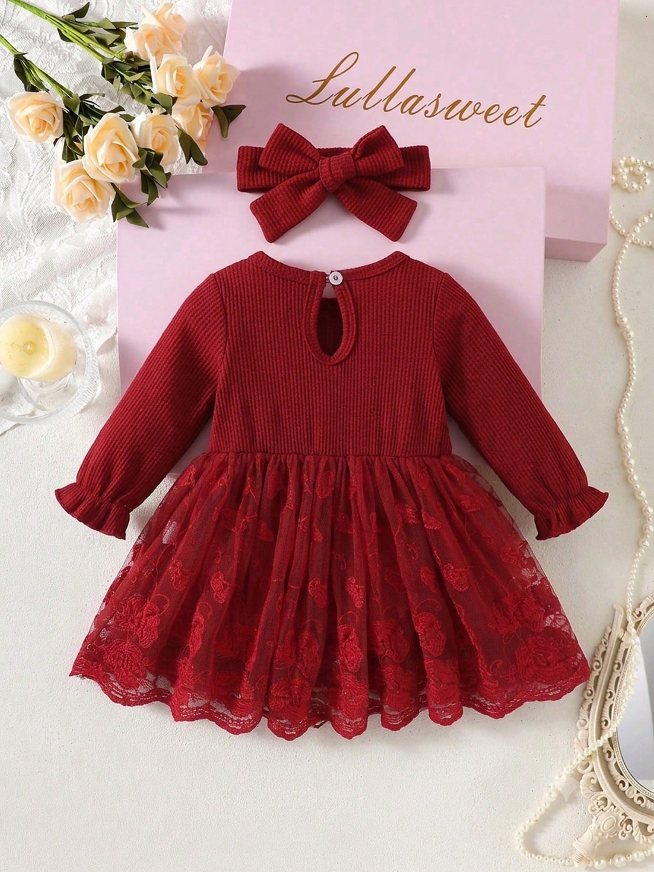 2pcs/Set Newborn Spring/Autumn Burgundy Sweet Princess Style Bow Lace Mesh Patchwork Long Sleeve Dress With Headband Set, Loose Comfortable Fit, Suitable For Daily Outings, Full Moon Banquet, 1s
