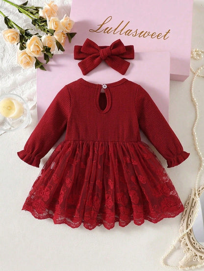 2pcs/Set Newborn Spring/Autumn Burgundy Sweet Princess Style Bow Lace Mesh Patchwork Long Sleeve Dress With Headband Set, Loose Comfortable Fit, Suitable For Daily Outings, Full Moon Banquet, 1s