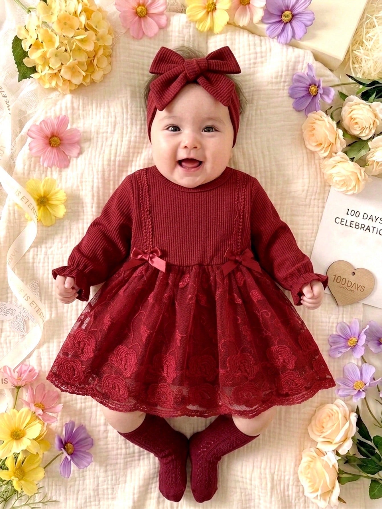 2pcs/Set Newborn Spring/Autumn Burgundy Sweet Princess Style Bow Lace Mesh Patchwork Long Sleeve Dress With Headband Set, Loose Comfortable Fit, Suitable For Daily Outings, Full Moon Banquet, 1s