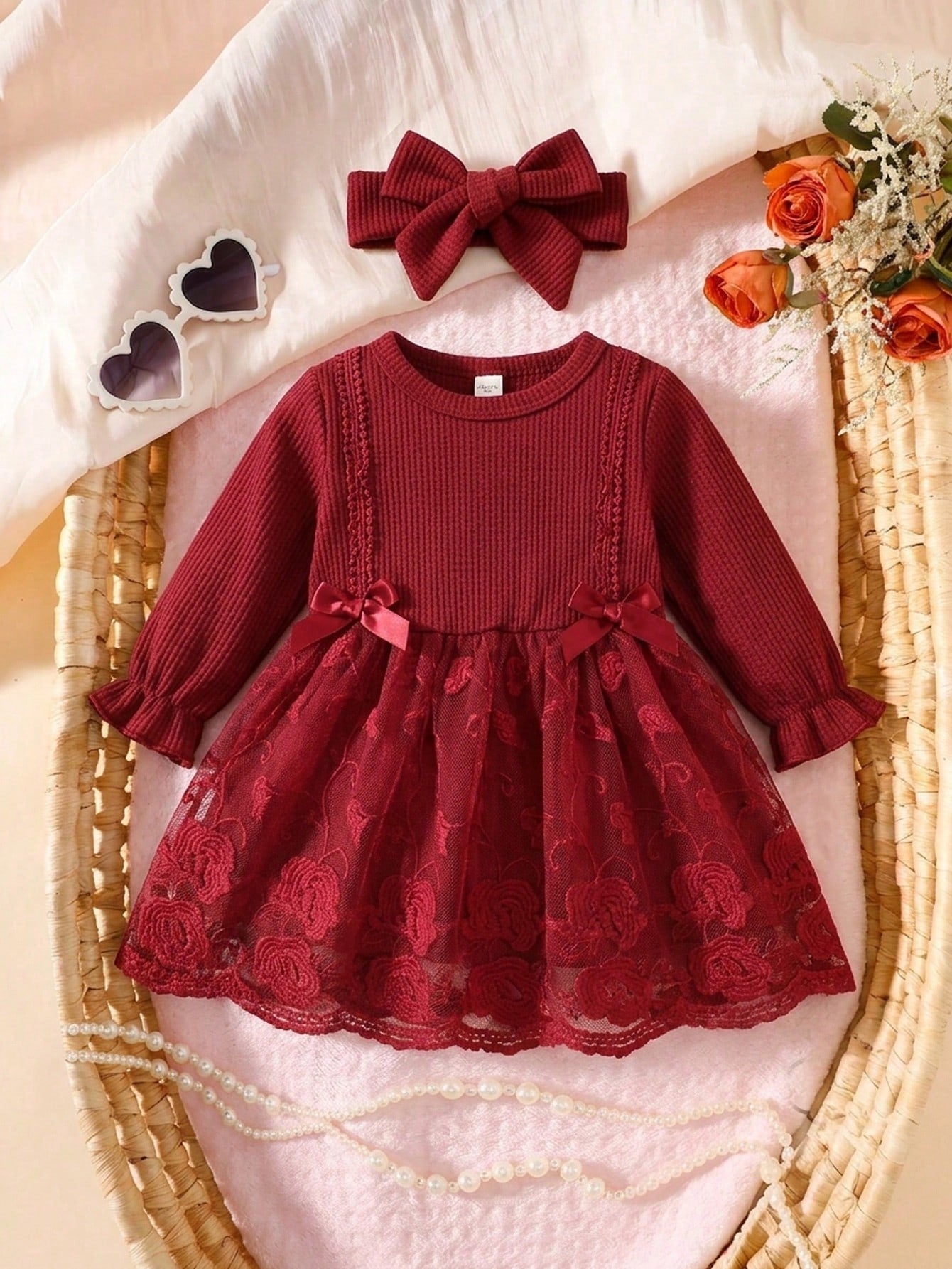 2pcs/Set Newborn Spring/Autumn Burgundy Sweet Princess Style Bow Lace Mesh Patchwork Long Sleeve Dress With Headband Set, Loose Comfortable Fit, Suitable For Daily Outings, Full Moon Banquet, 1s