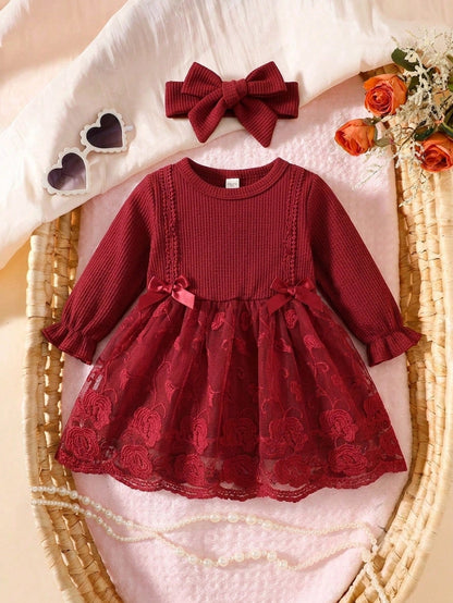 2pcs/Set Newborn Spring/Autumn Burgundy Sweet Princess Style Bow Lace Mesh Patchwork Long Sleeve Dress With Headband Set, Loose Comfortable Fit, Suitable For Daily Outings, Full Moon Banquet, 1s